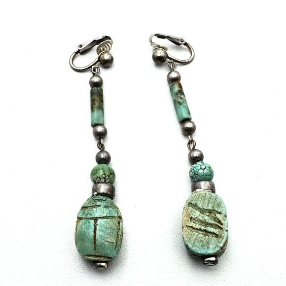 Rare Vintage Carved Blue Green Turquoise Scarb Sterling Silver 3 Inch Clip Earri - Picture 2 of 3